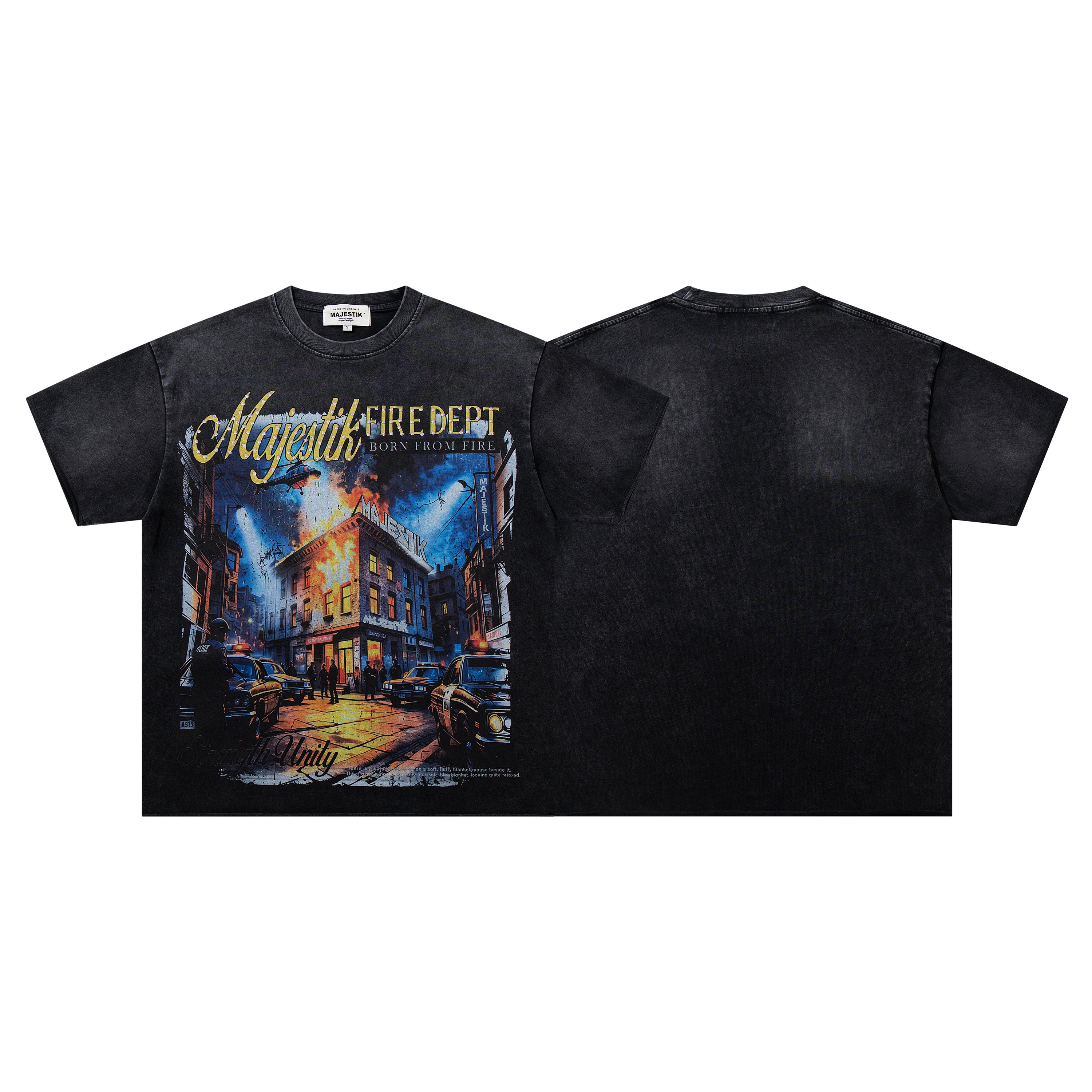 MAJESTIK Fire Dept City Street Vintage Double‑Sided T‑Shirt