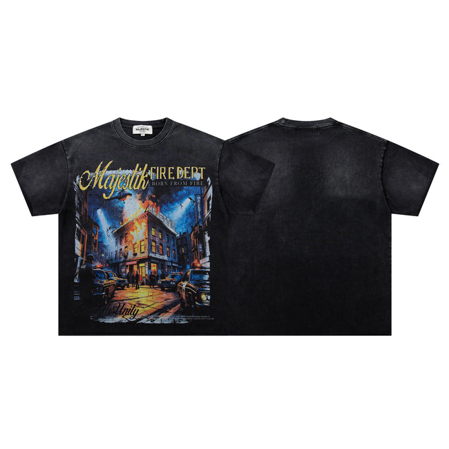 MAJESTIK Fire Dept City Street Vintage Double‑Sided T‑Shirt Hover Image