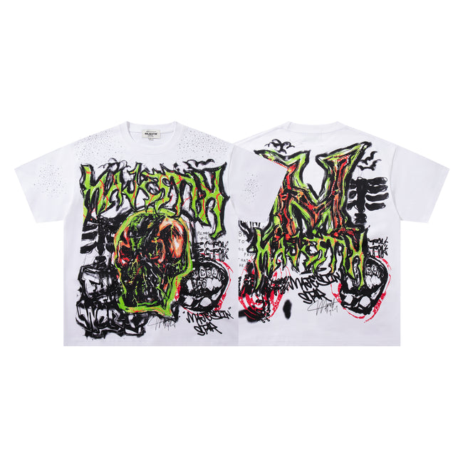 MAJESTIK Green Monster Graffiti Double‑Sided Graphic T‑Shirt Hover Image