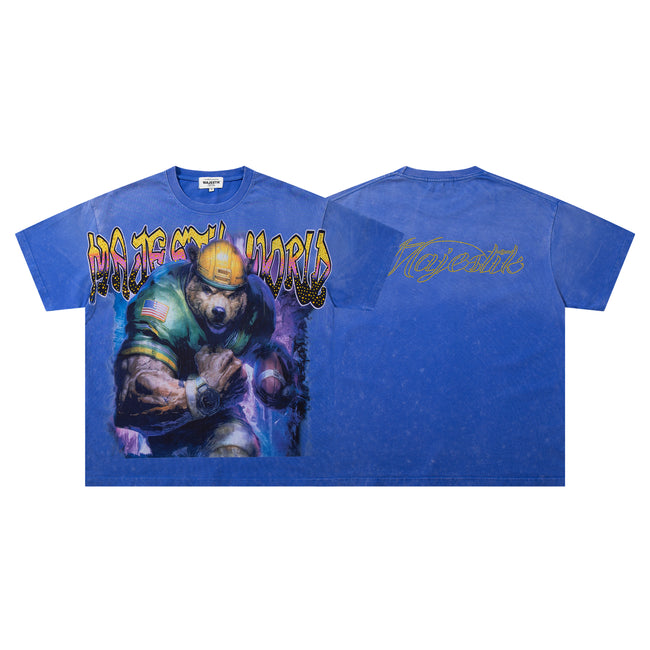 MAJESTIK Football Bear Vintage Blue Double‑Sided T‑Shirt Hover Image
