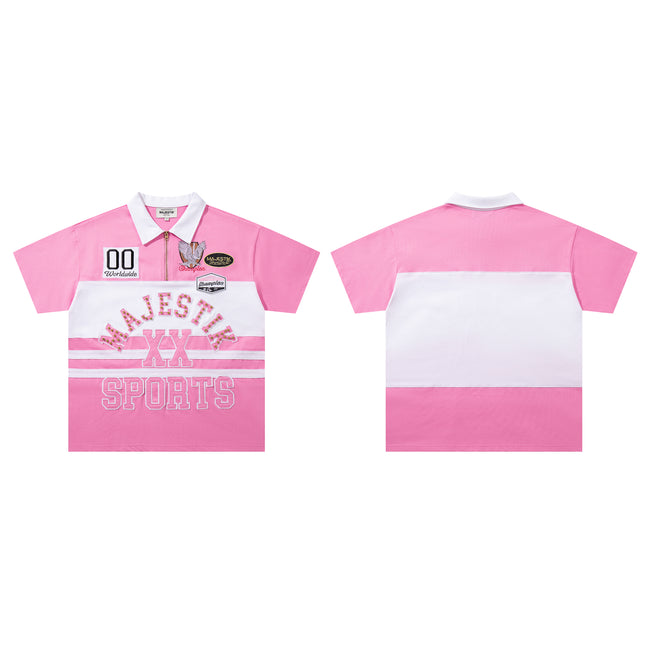 MAJESTIK Sports Patch‑Embroidered Half‑Zip Pink Striped Polo Shirt Main Image