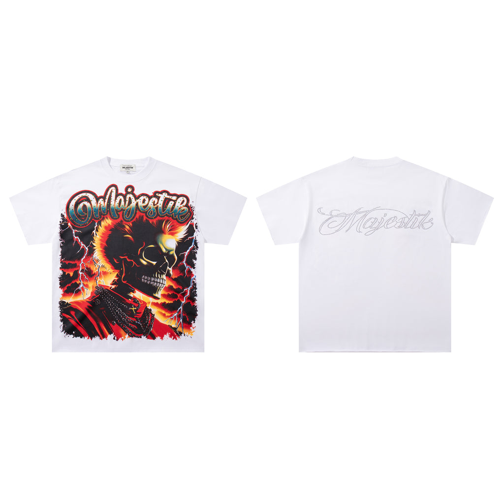 MAJESTIK Fire Skull Lightning Vintage Graphic T‑Shirt