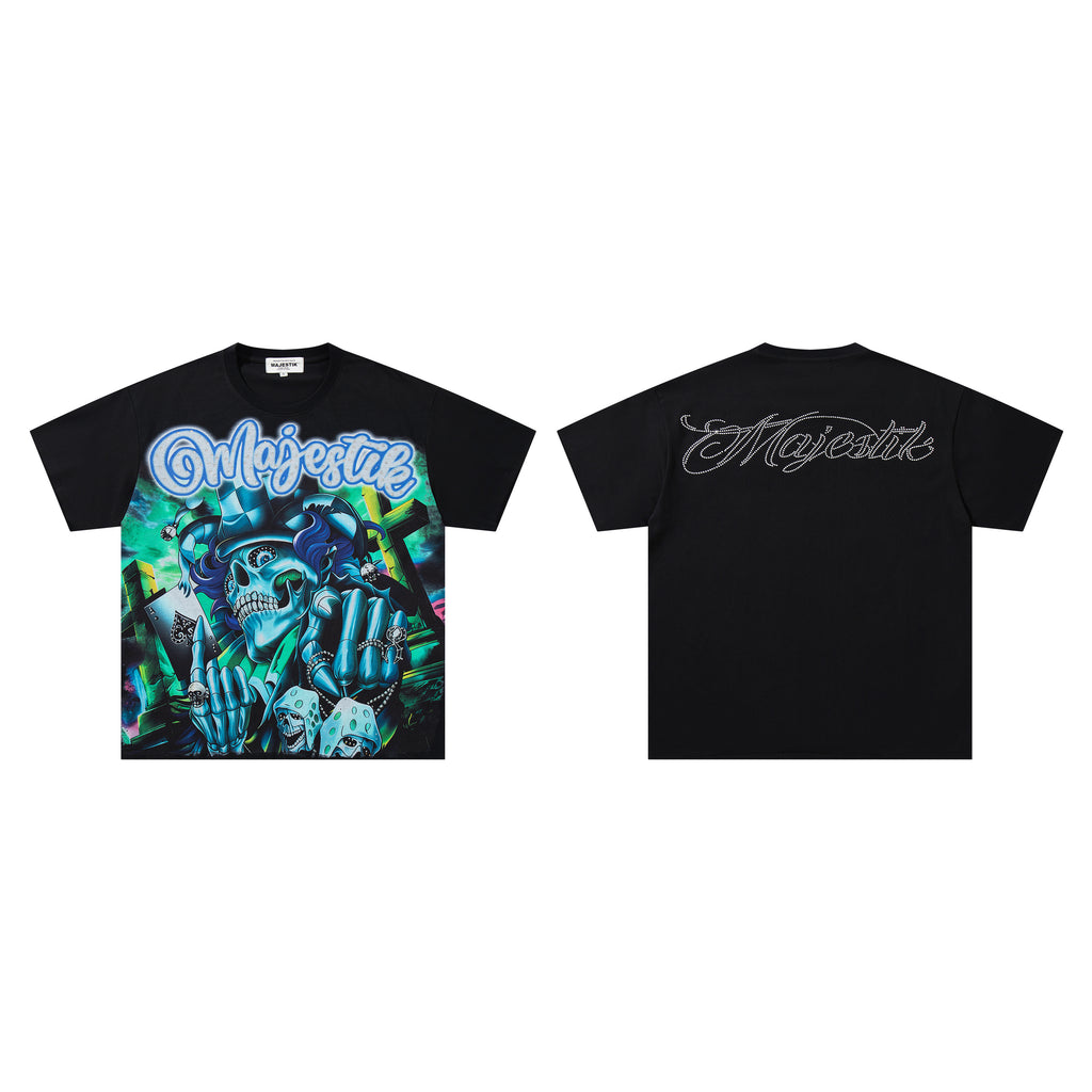 MAJESTIK Neon Skull Graphic Black T‑Shirt