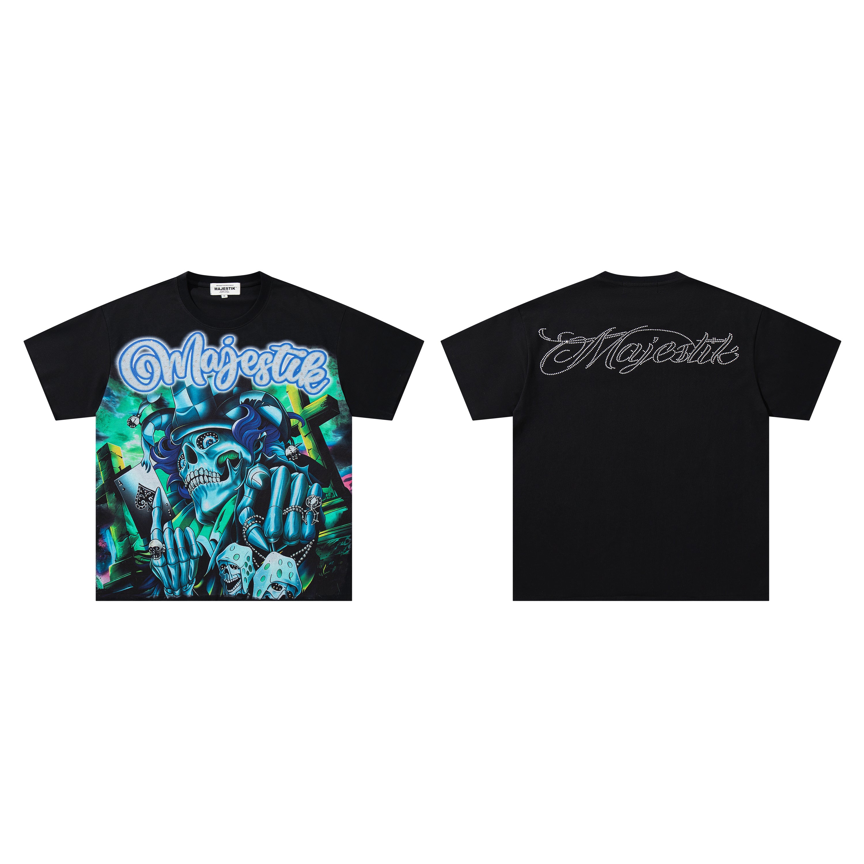MAJESTIK Neon Skull Graphic Black T‑Shirt