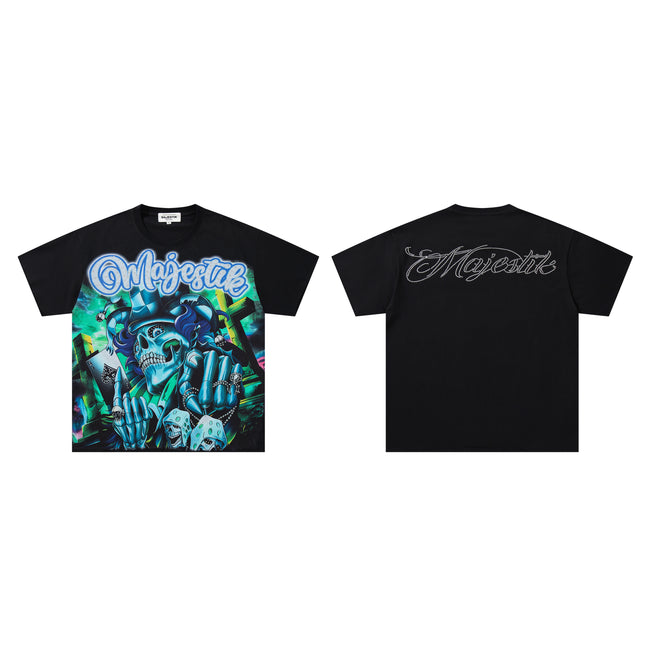 MAJESTIK Neon Skull Graphic Black T‑Shirt Main Image