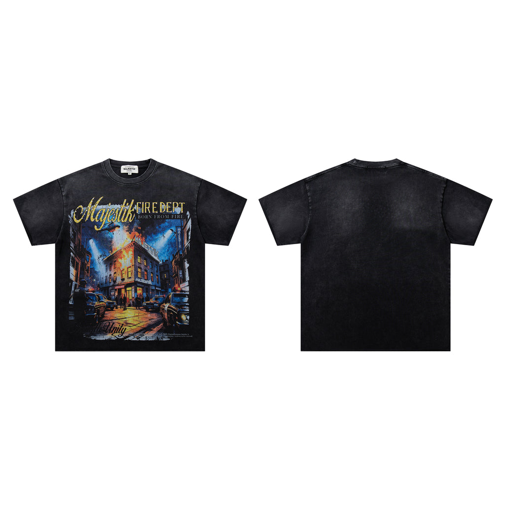 MAJESTIK Fire Dept City Street Vintage Double‑Sided T‑Shirt