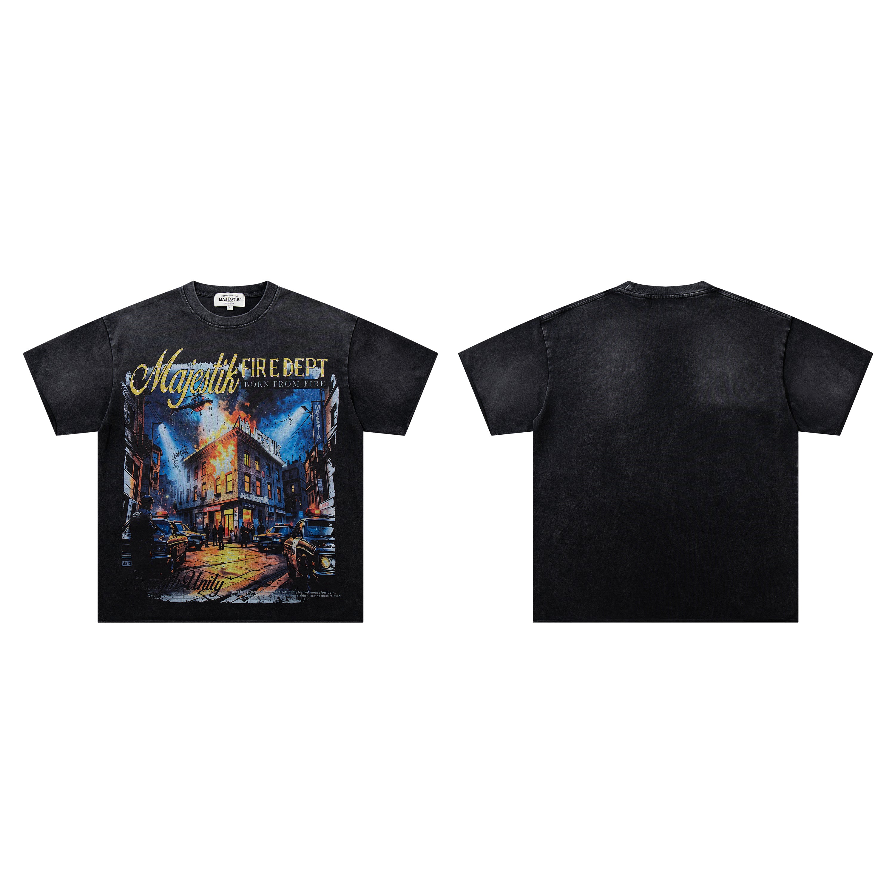MAJESTIK Fire Dept City Street Vintage Double‑Sided T‑Shirt