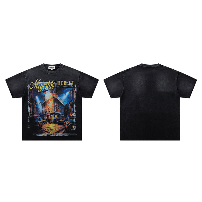 MAJESTIK Fire Dept City Street Vintage Double‑Sided T‑Shirt Main Image