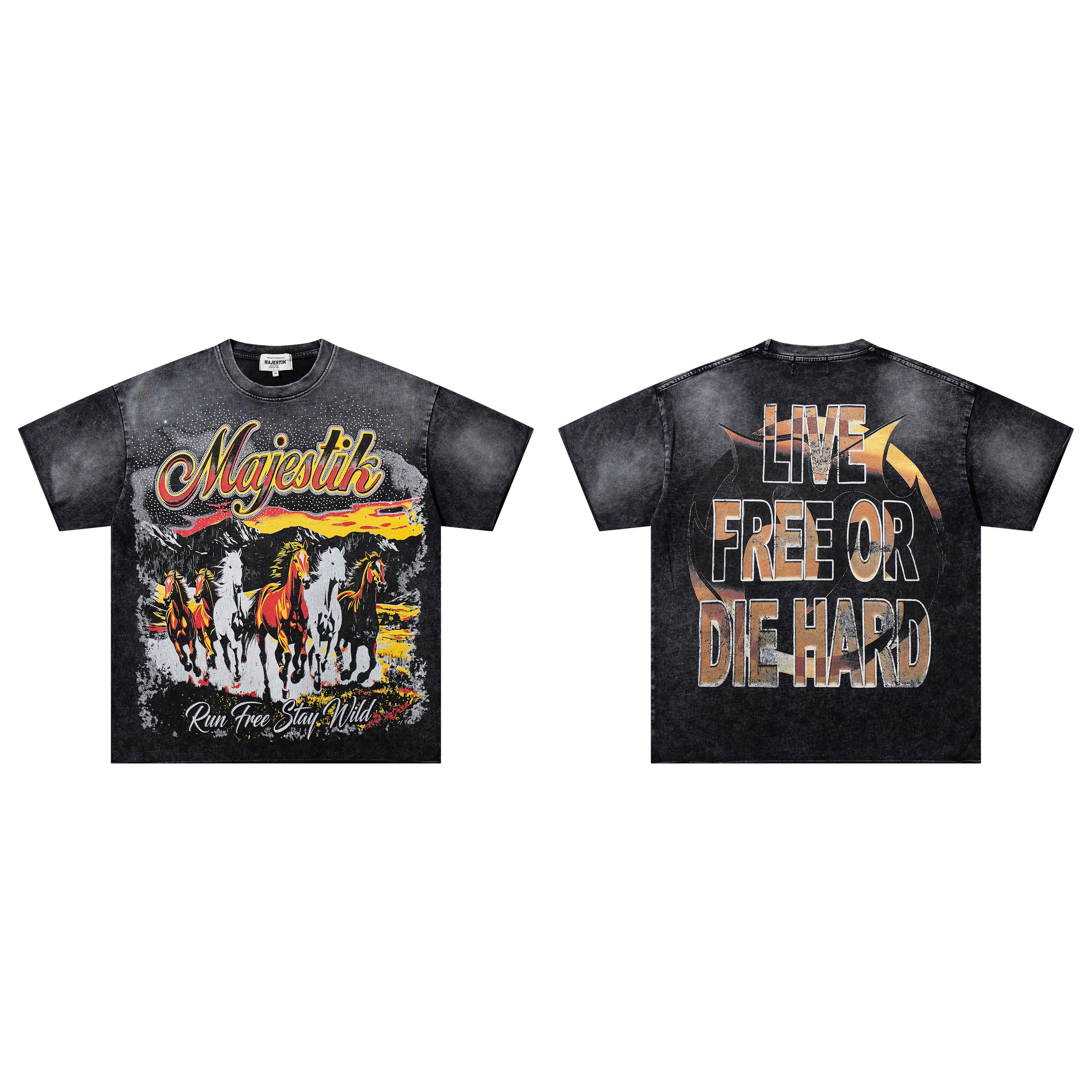 MAJESTIK Wild Horses Live Free Double‑Sided Vintage T‑Shirt