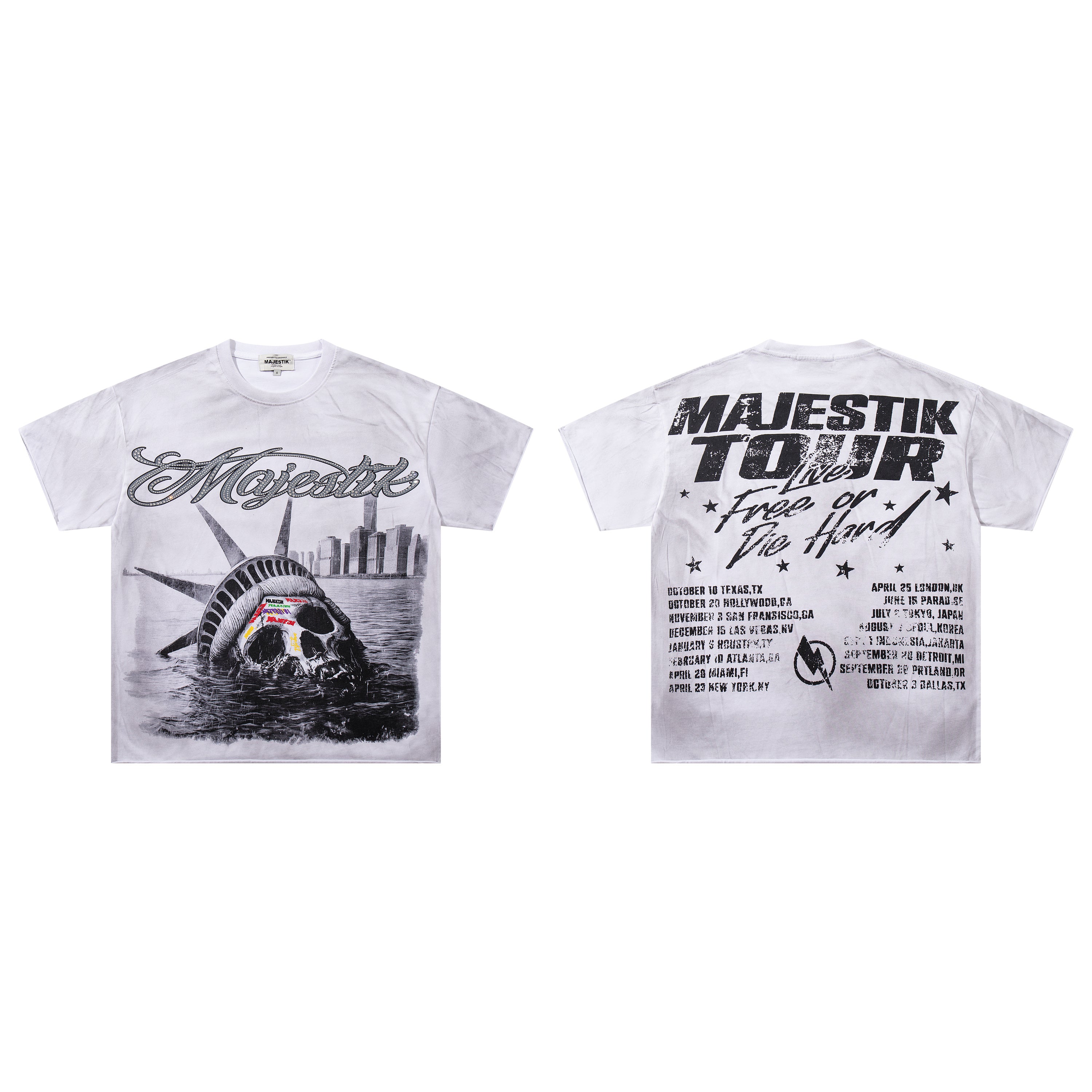 MAJESTIK Tour Skull Statue Of Liberty Double‑Sided Vintage T‑Shirt