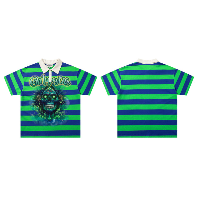 MAJESTIK Striped Skull Graphic Half‑Zip Polo Short‑Sleeve Shirt Main Image