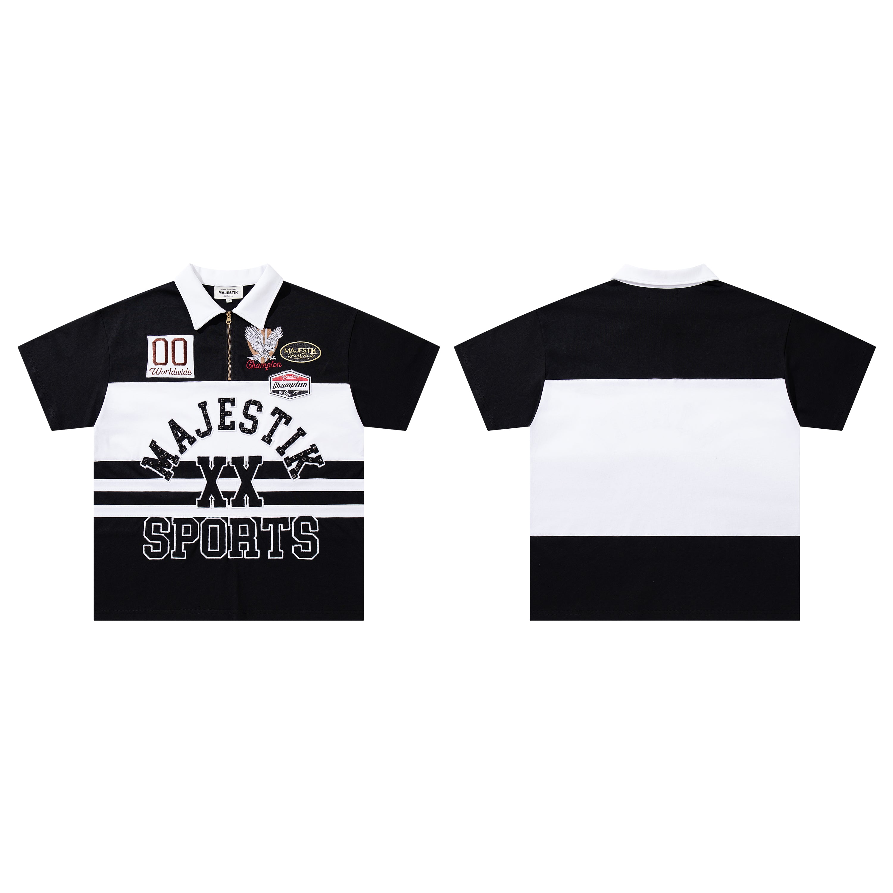 MAJESTIK Sports Embroidered Patch Half‑Zip Black‑White Polo Shirt