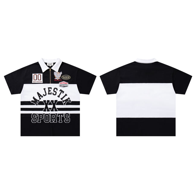 MAJESTIK Sports Embroidered Patch Half‑Zip Black‑White Polo Shirt Main Image
