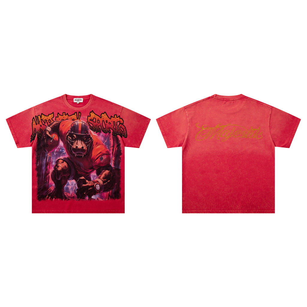 MAJESTIK Football Monster Vintage Red Double‑Sided T‑Shirt