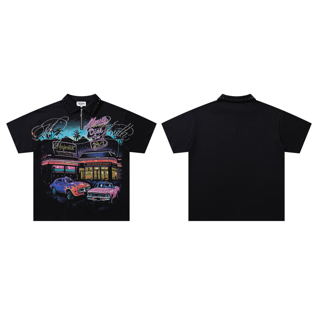 MAJESTIK Retro Car Diner Graphic Quarter‑Zip Polo Shirt