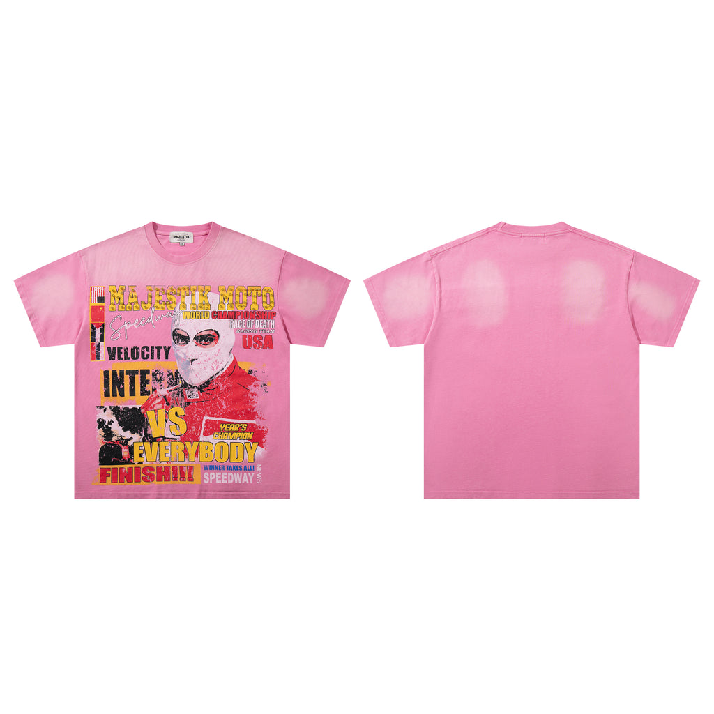 MAJESTIK Moto Racing Vintage Pink T‑Shirt