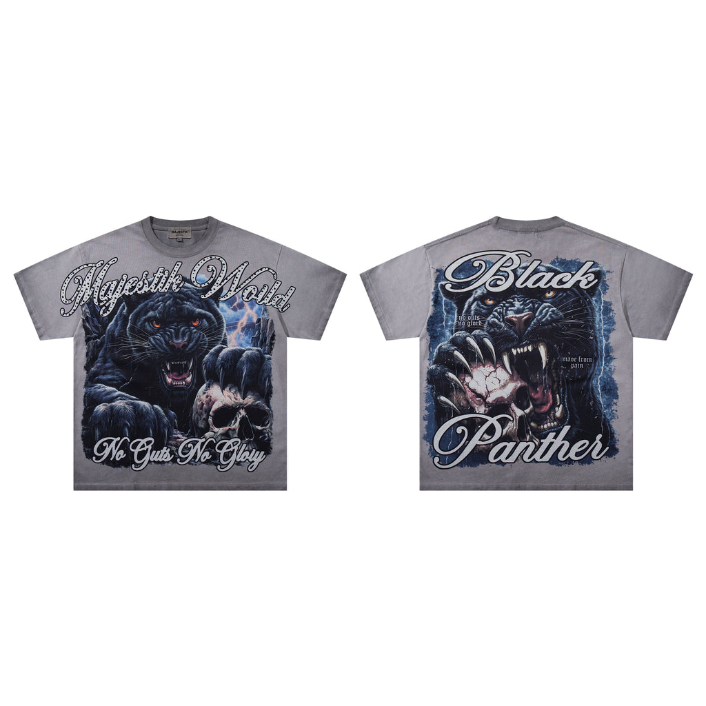 MAJESTIK Black Panther Skull Vintage Grey Double‑Sided T‑Shirt
