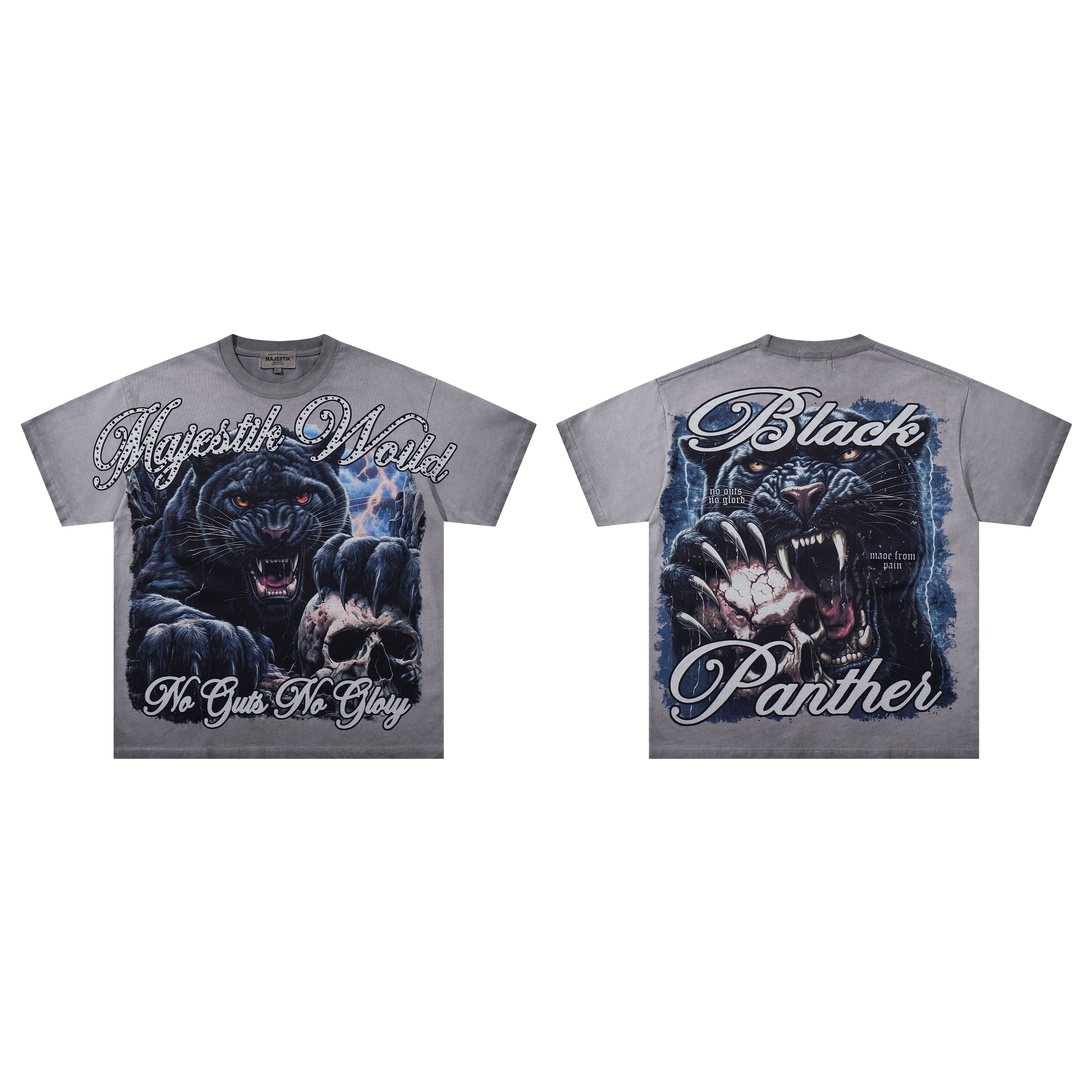 MAJESTIK Black Panther Skull Vintage Grey Double‑Sided T‑Shirt
