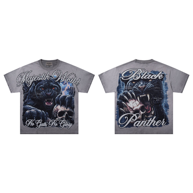MAJESTIK Black Panther Skull Vintage Grey Double‑Sided T‑Shirt Main Image