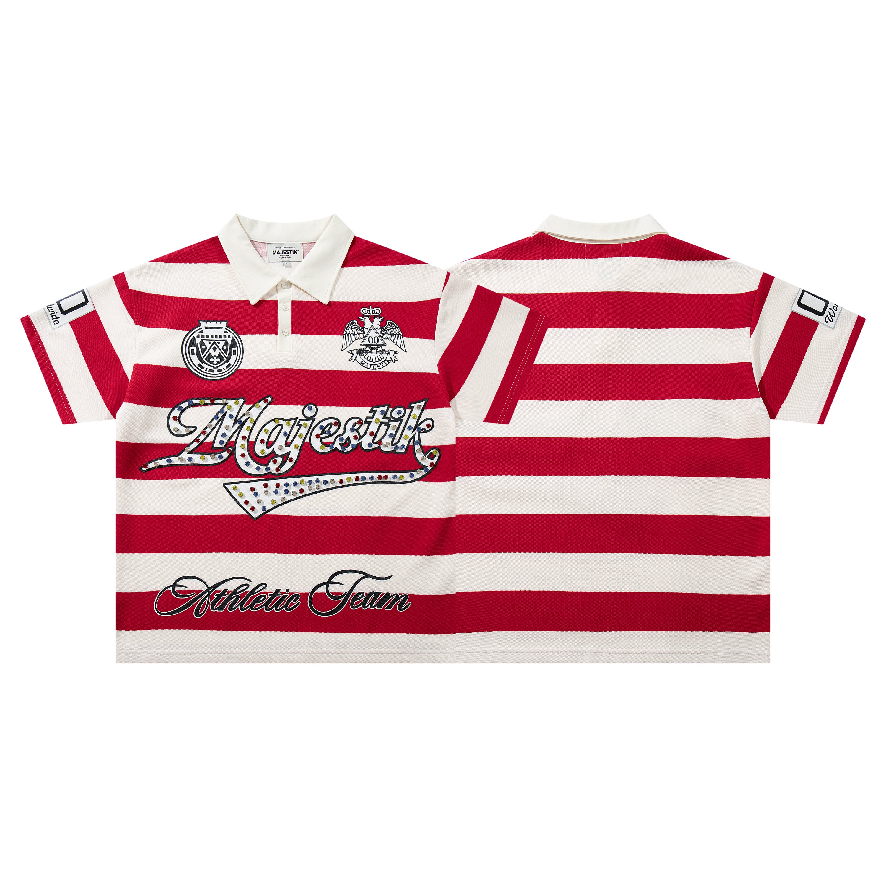 MAJESTIK Red‑White Striped Embroidered Polo Shirt