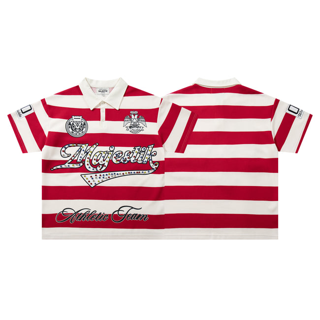 MAJESTIK Red‑White Striped Embroidered Polo Shirt Hover Image