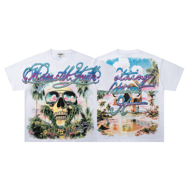 MAJESTIK Tropical Skull Double‑Sided Graphic T‑Shirt Main Image