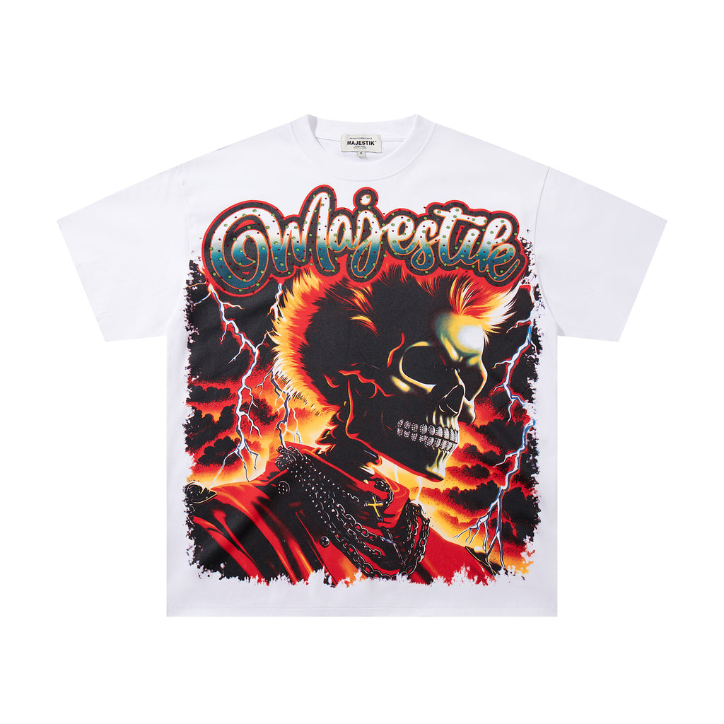 MAJESTIK Fire Skull Lightning Vintage Graphic T‑Shirt