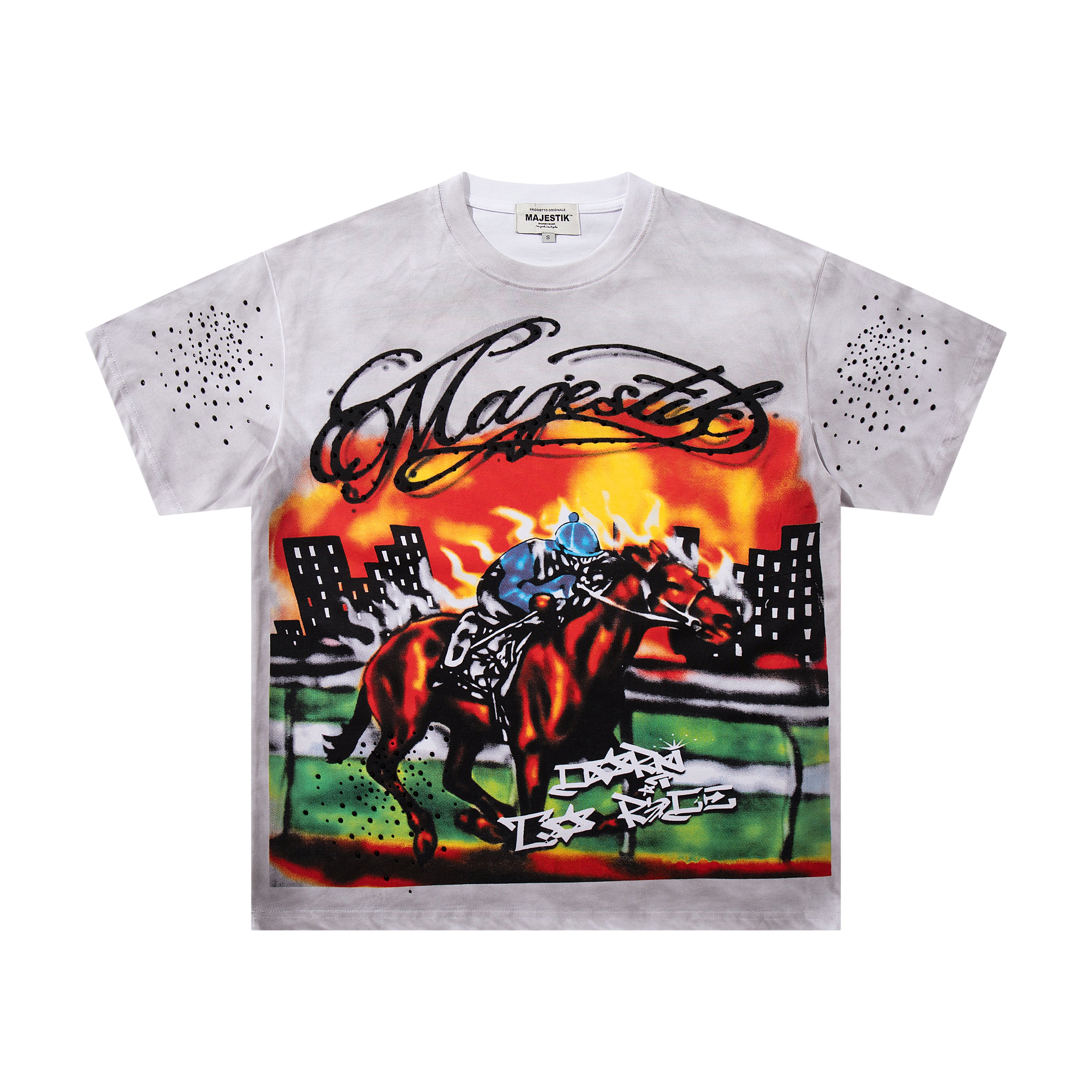 MAJESTIK Horse‑Racing Double‑Sided Graphic T‑Shirt