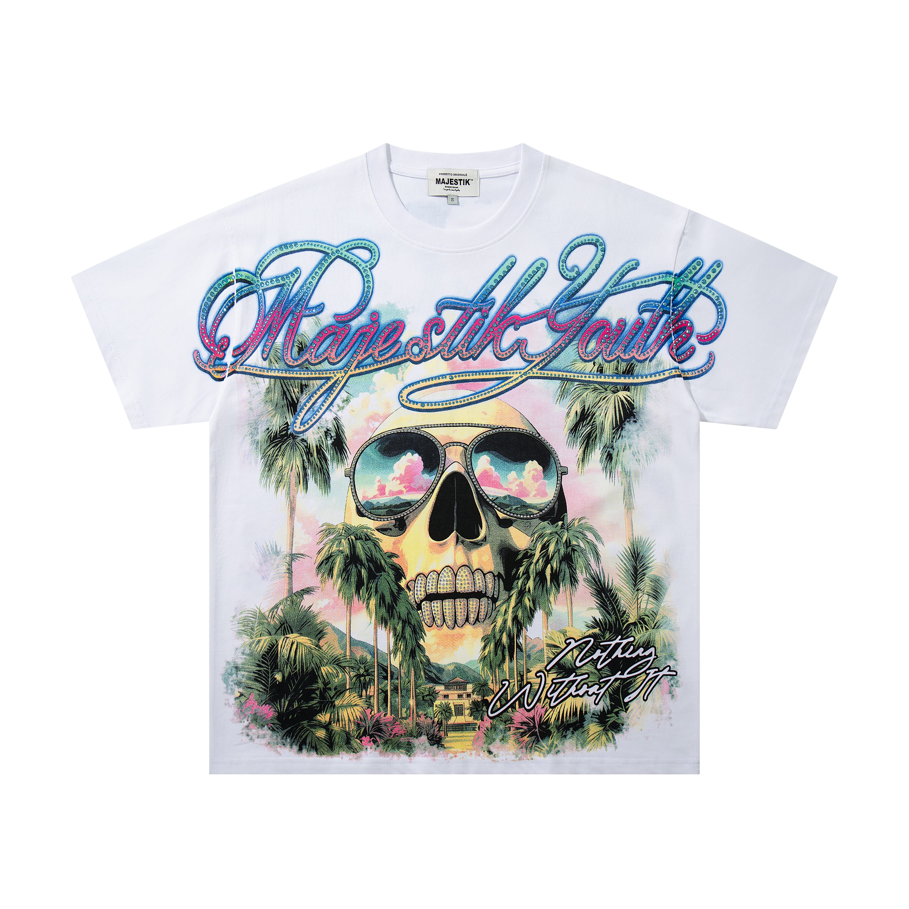 MAJESTIK Tropical Skull Double‑Sided Graphic T‑Shirt