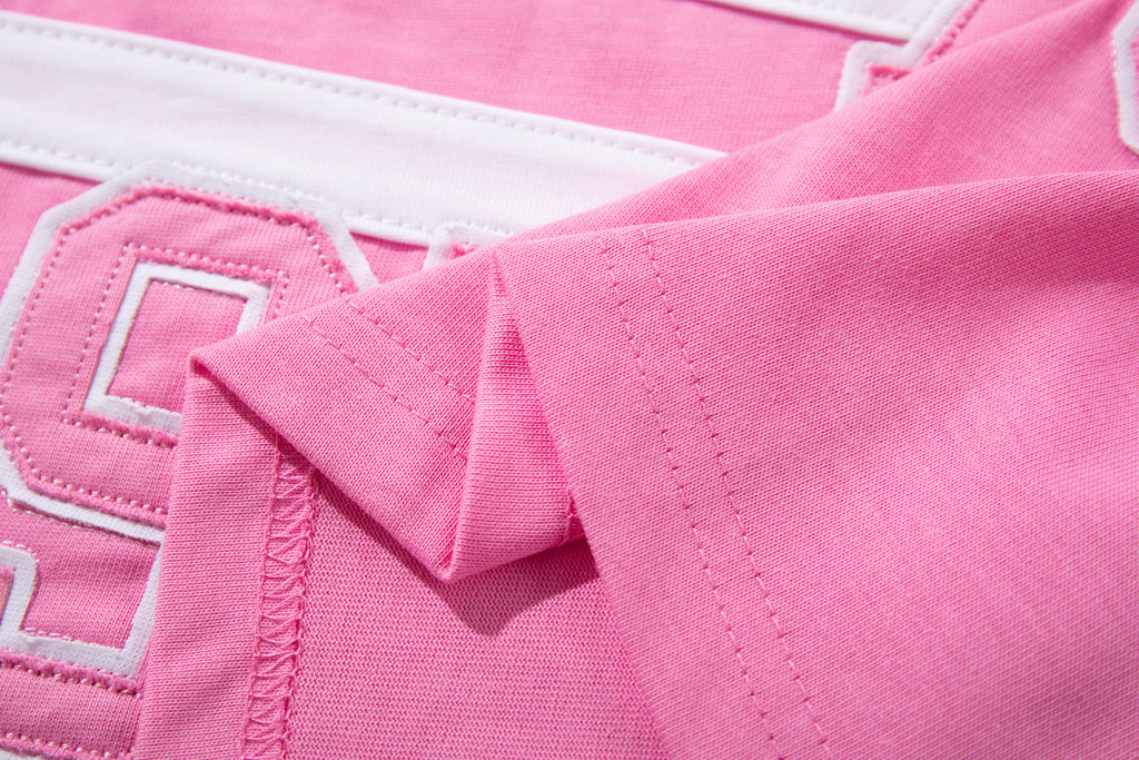 MAJESTIK Sports Patch‑Embroidered Half‑Zip Pink Striped Polo Shirt