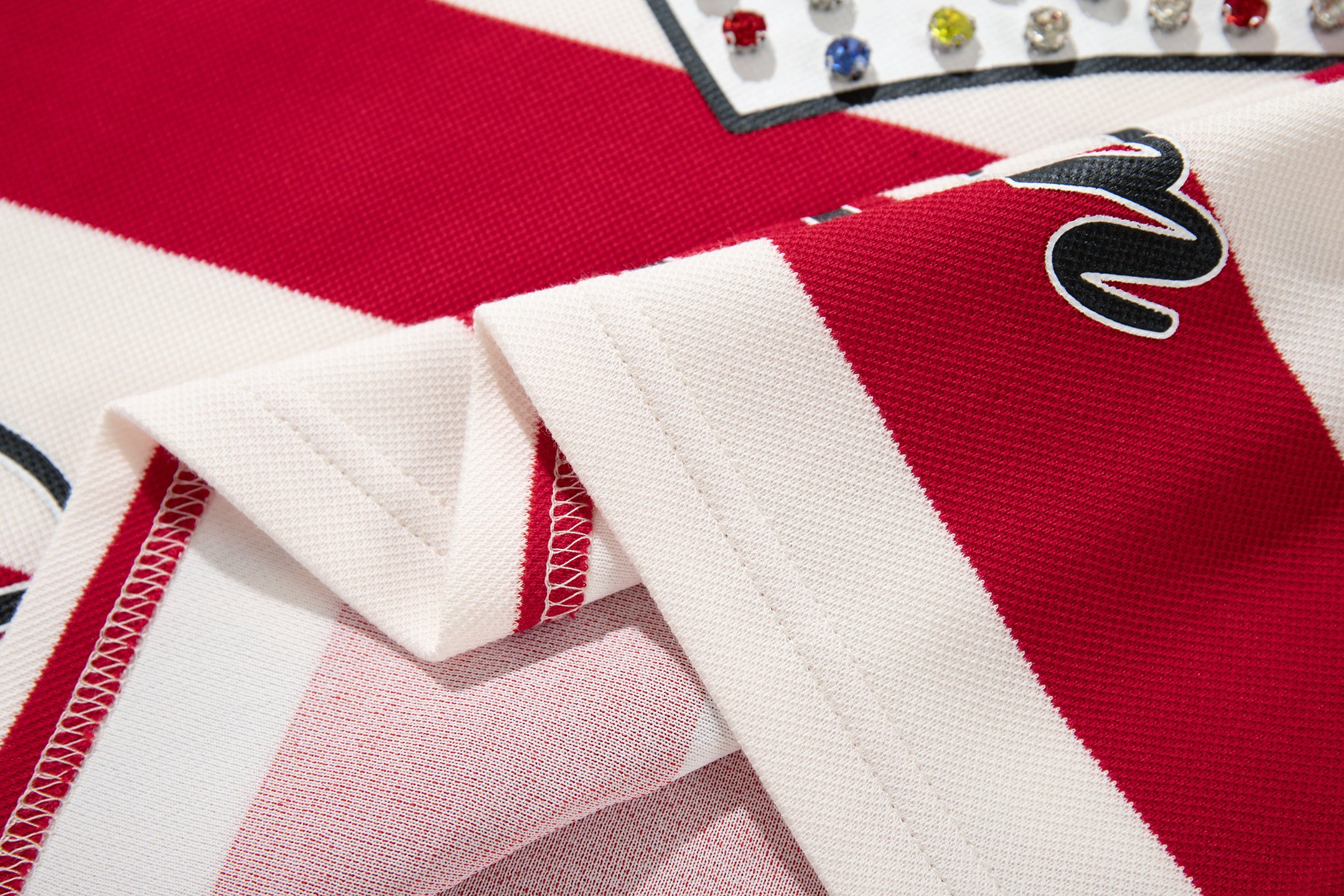 MAJESTIK Red‑White Striped Embroidered Polo Shirt