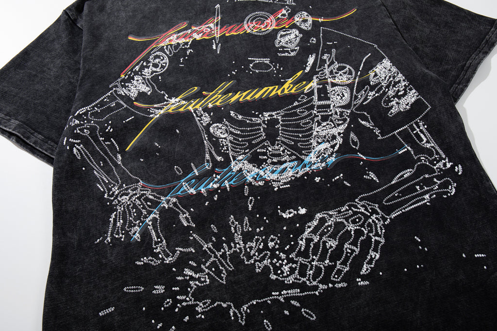 MAJESTIK Skeleton DJ Vintage Washed Double‑Sided Graphic T‑Shirt