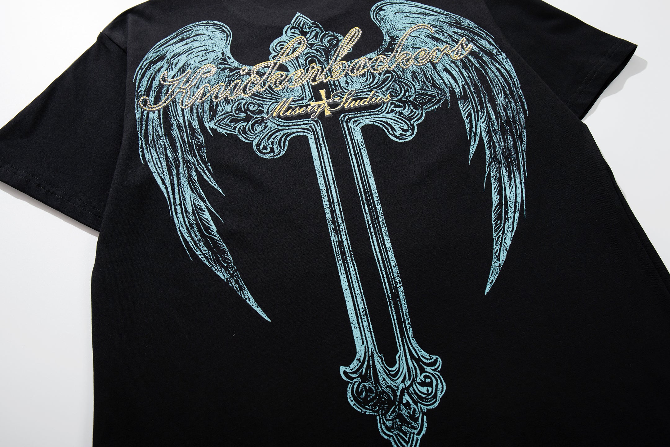 MAJESTIK Alien Skull Angel Sword Double‑Sided Graphic T‑Shirt