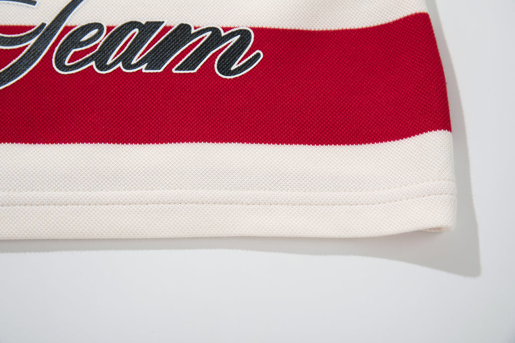 MAJESTIK Red‑White Striped Embroidered Polo Shirt