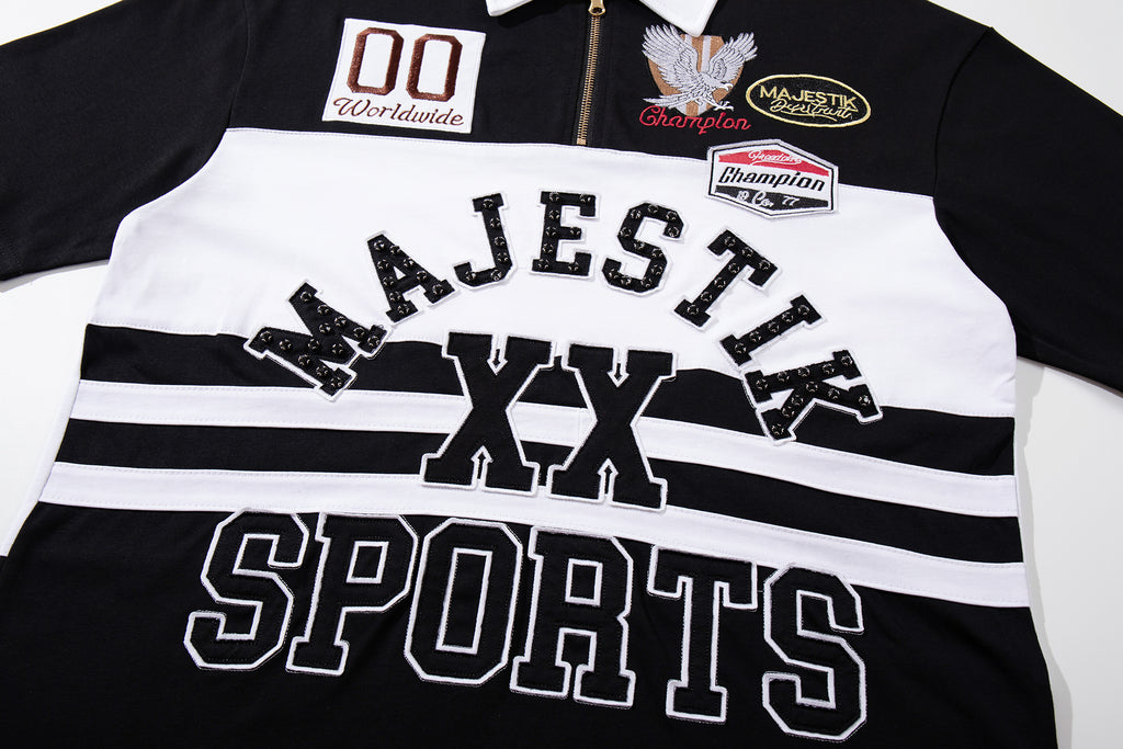 MAJESTIK Sports Embroidered Patch Half‑Zip Black‑White Polo Shirt