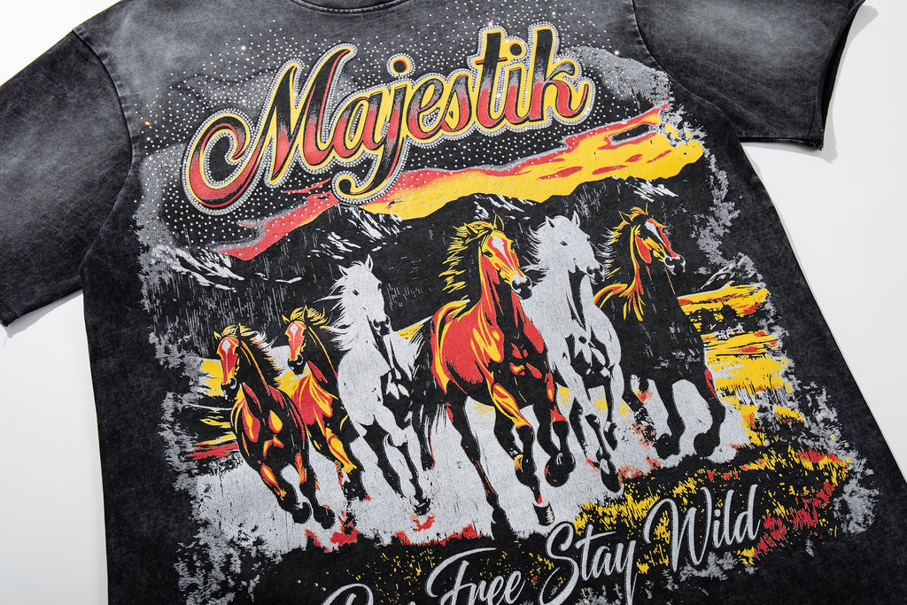 MAJESTIK Wild Horses Live Free Double‑Sided Vintage T‑Shirt