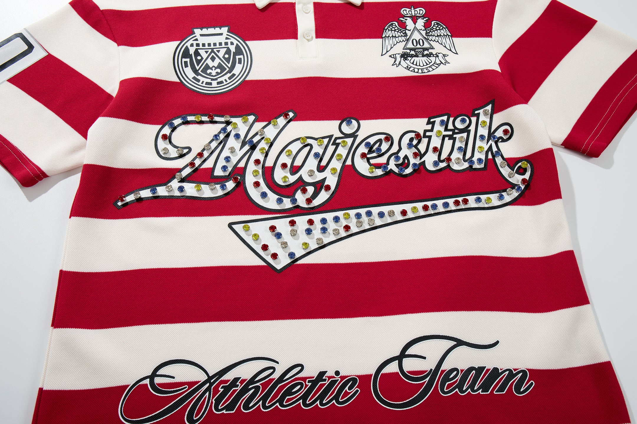 MAJESTIK Red‑White Striped Embroidered Polo Shirt