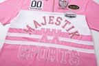 MAJESTIK Sports Patch‑Embroidered Half‑Zip Pink Striped Polo Shirt