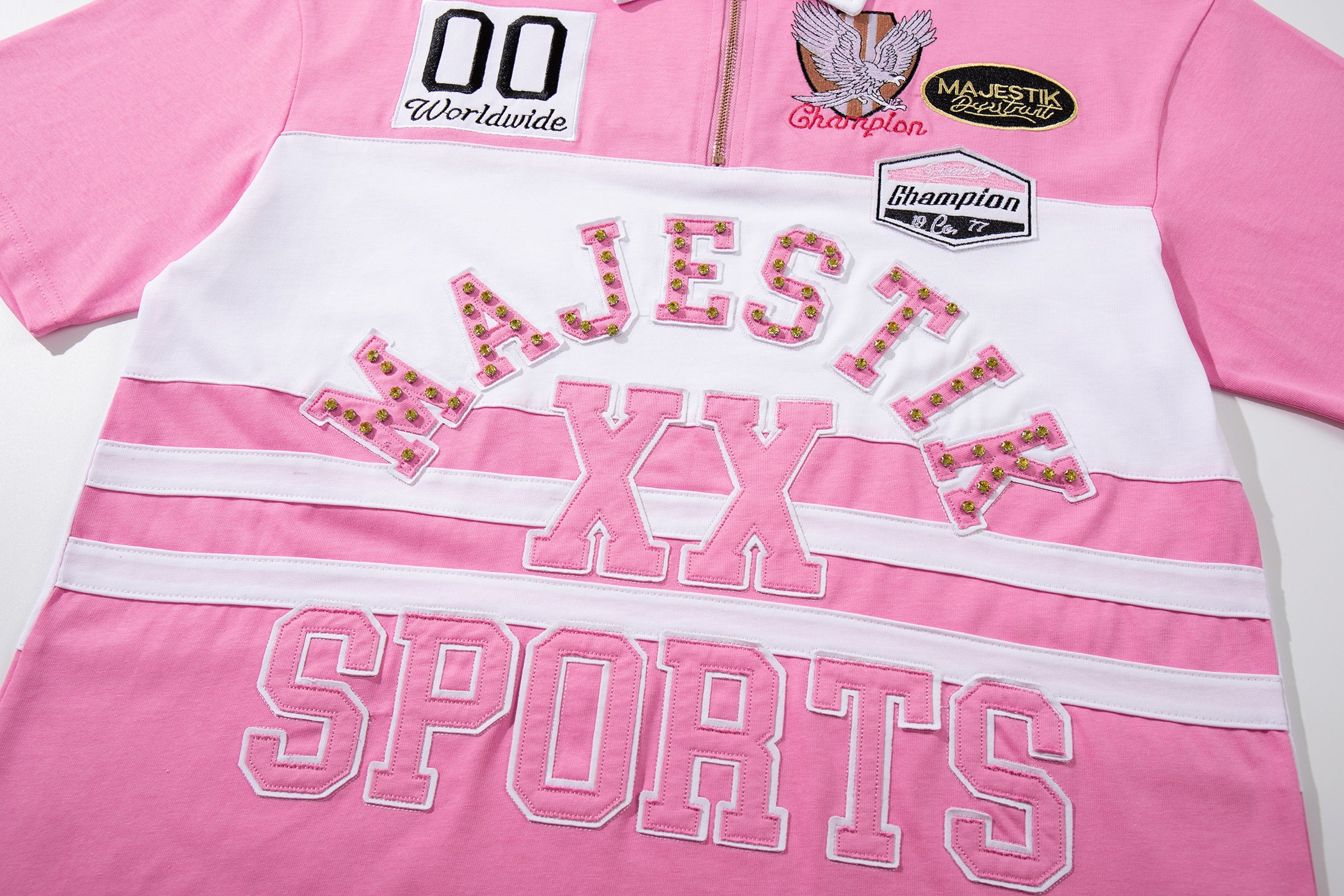 MAJESTIK Sports Patch‑Embroidered Half‑Zip Pink Striped Polo Shirt