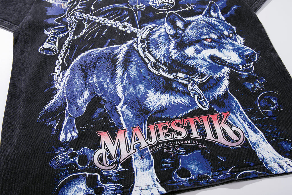 MAJESTIK Grim Reaper Scythe Vintage Washed Graphic T‑Shirt