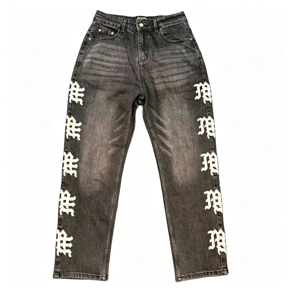 MIXED EMOTION Side Logo Printed Straight‑Leg Jeans
