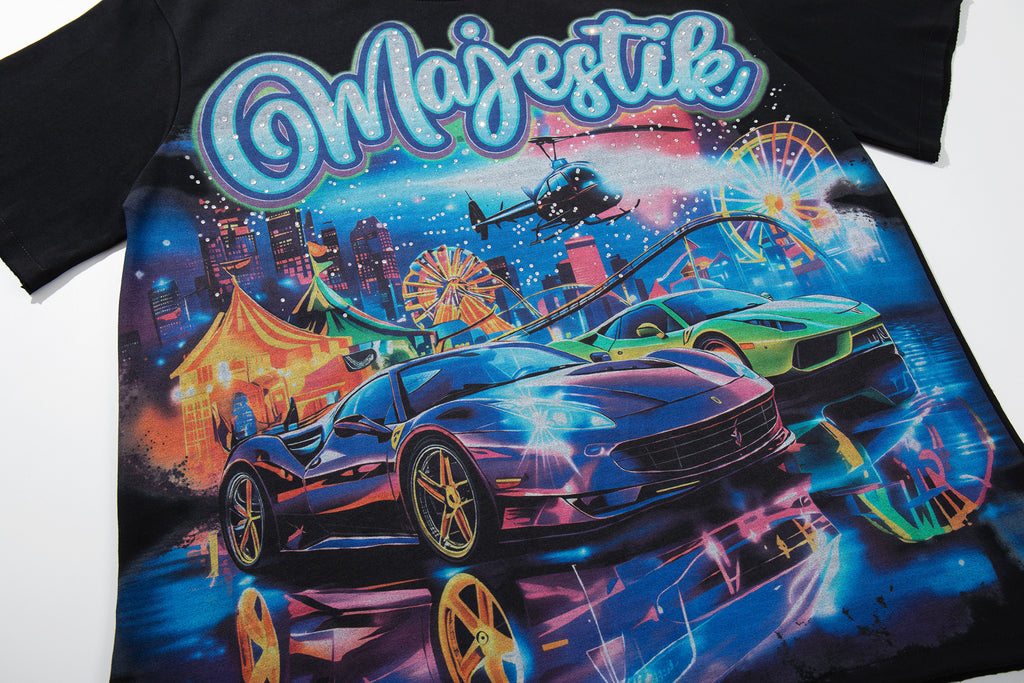 MAJESTIK Neon Sports Car City Vintage T‑Shirt