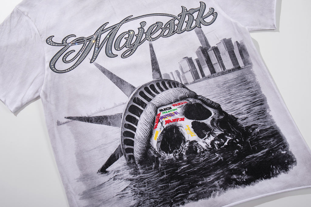 MAJESTIK Tour Skull Statue Of Liberty Double‑Sided Vintage T‑Shirt