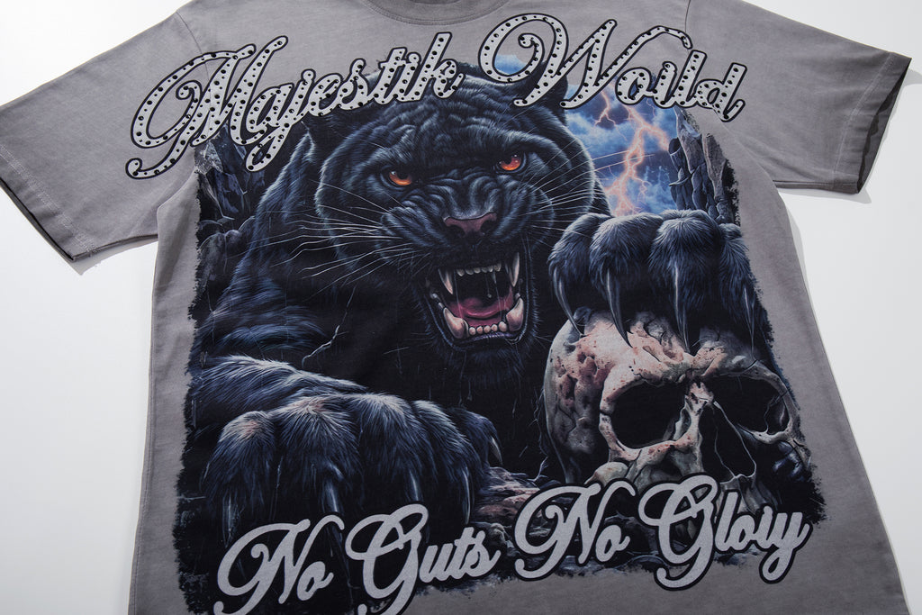 MAJESTIK Black Panther Skull Vintage Grey Double‑Sided T‑Shirt