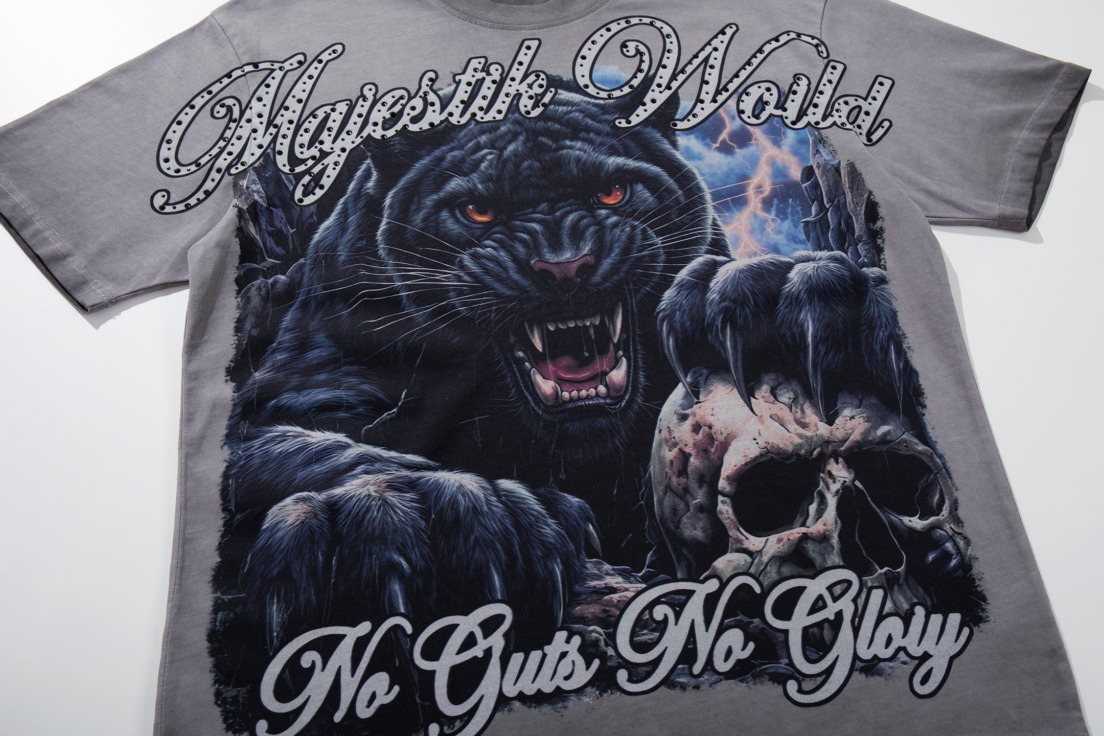 MAJESTIK Black Panther Skull Vintage Grey Double‑Sided T‑Shirt