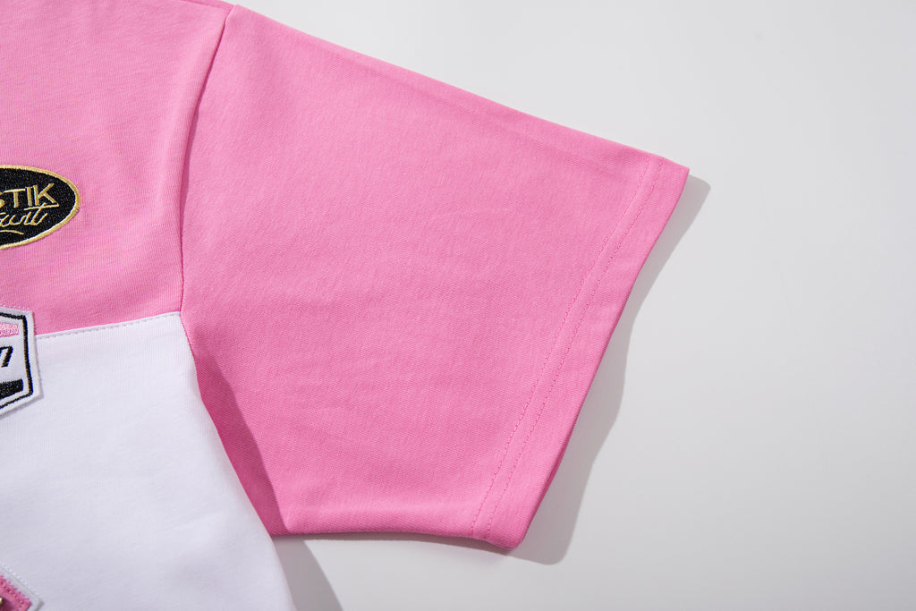 MAJESTIK Sports Patch‑Embroidered Half‑Zip Pink Striped Polo Shirt