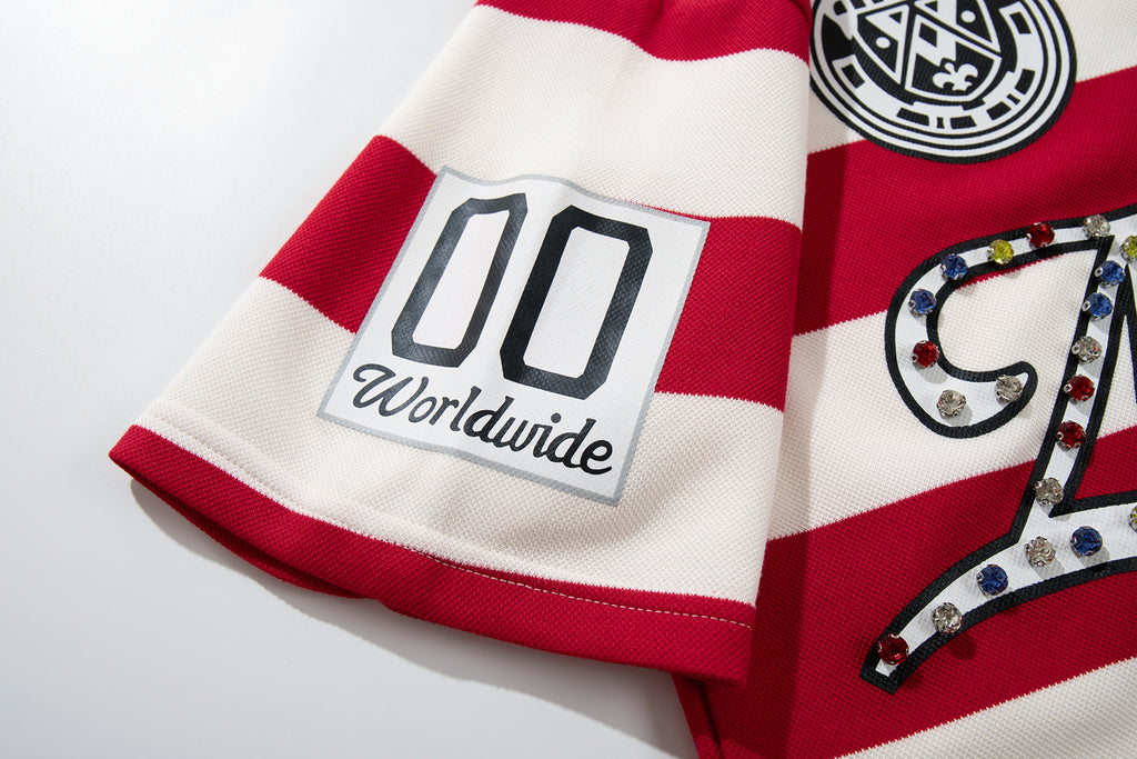 MAJESTIK Red‑White Striped Embroidered Polo Shirt