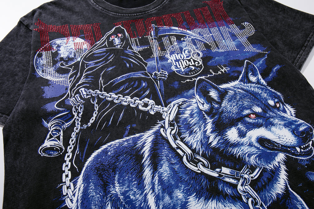MAJESTIK Grim Reaper Scythe Vintage Washed Graphic T‑Shirt