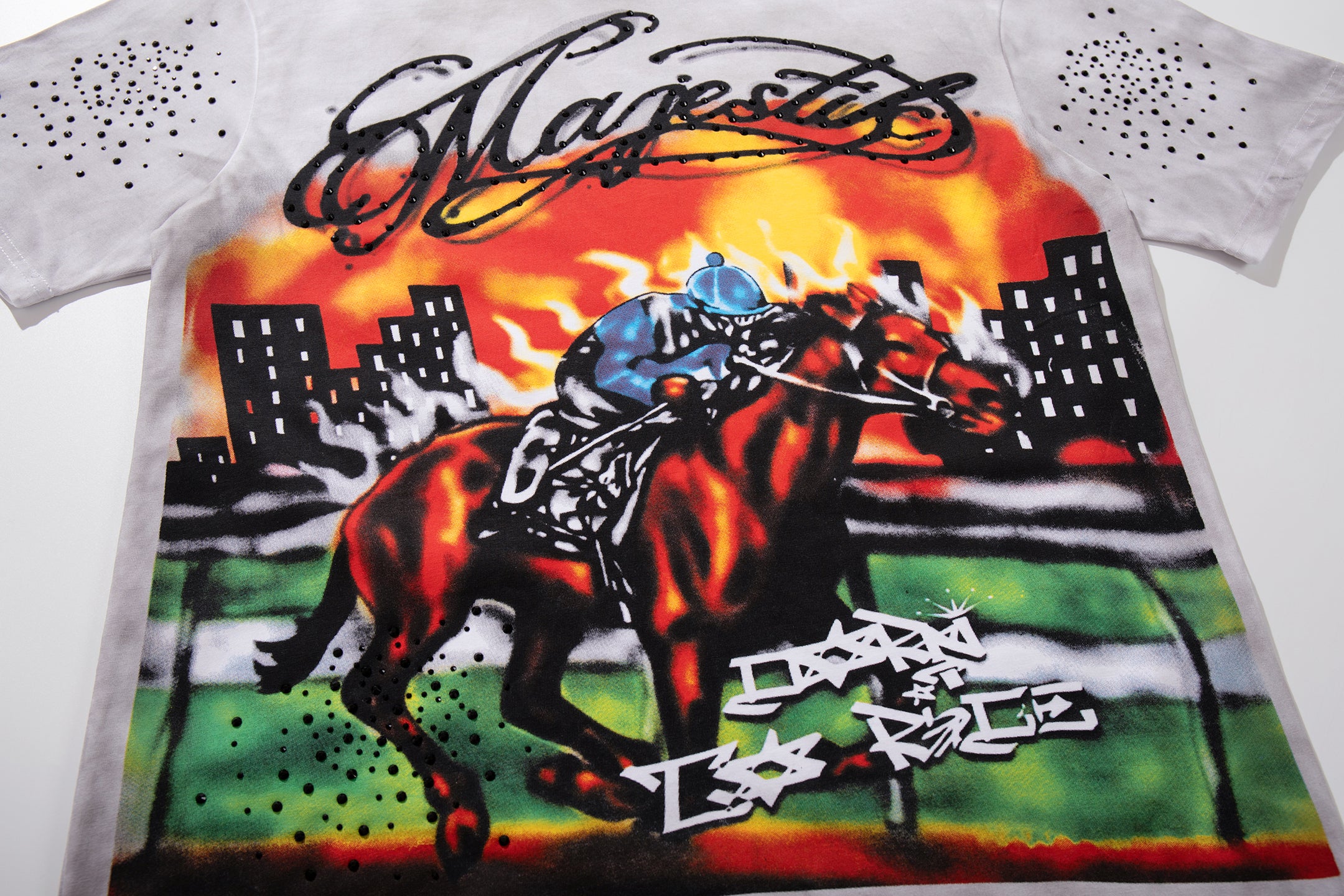 MAJESTIK Horse‑Racing Double‑Sided Graphic T‑Shirt