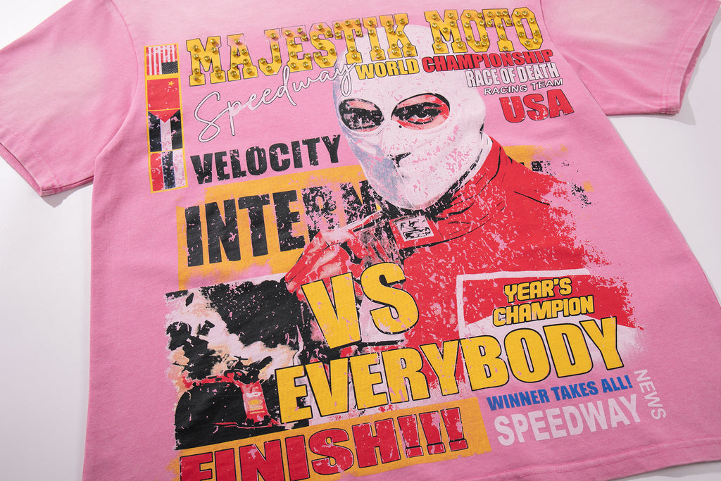 MAJESTIK Moto Racing Vintage Pink T‑Shirt